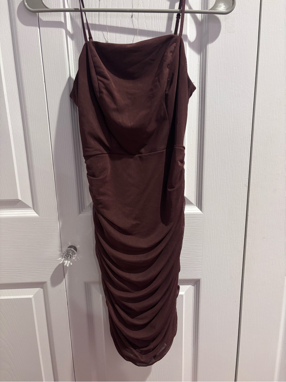 Women’s Brown Draped Mini Dress - Sleeveless Spaghetti Strap